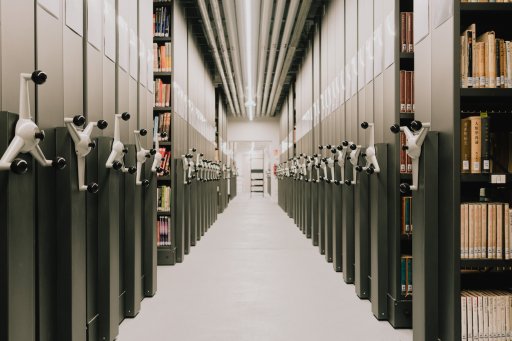Vue d'une rangée de magasins de la bibliothèque du pôle des Mondes asiatiques du Collège de France