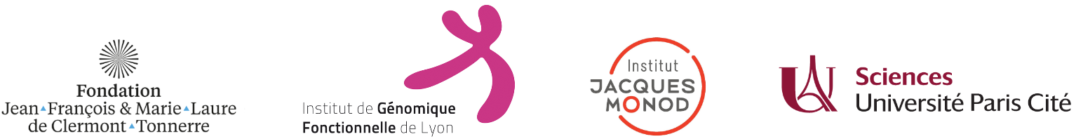 Logos de la Fondation Jean-François & Marie-Laure de Clermont-Tonnerre, de l'Institut de Génomique Fonctionnelle de Lyon, de l'Institut Jacques Monod et de l'Université Paris-Cité