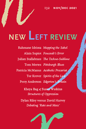 Couverture de la New Left Review, article"Foucault’s Mistake. Biopolitics, Scientism and the Rule of Law", Alain Supiot, novembre-décembre 2021