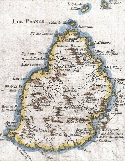 Extrait de « Cartes particulières des Isles de France de Bourbon et de Rodrigue », par Rigobert Bonne, hydrographe de la Marine ; dans « Atlas de toutes les parties connues du globe terrestre... », 1780.
