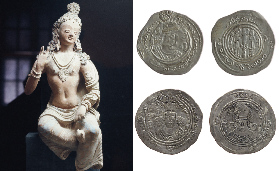À gauche : photo de la statue de Bodhisattva de Fonduqistan, à droite : photo de Das Antlitz des Fremden