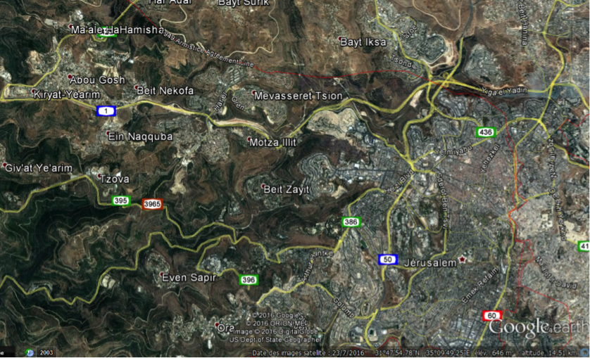 Localisation du site de Kiryat-jearim (en haut à gauche de l'image, vue Google Earth Pro)