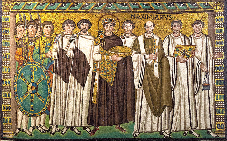 Emperor Justinian depicted on a mosaic in Ravenna's Basilica of Saint Vitus