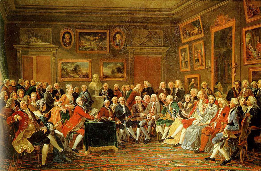 Lecture de la tragédie « L'Orphelin de la Chine » de Voltaire dans le salon de madame Geoffrin, de Gabriel Lemonnier (1812).