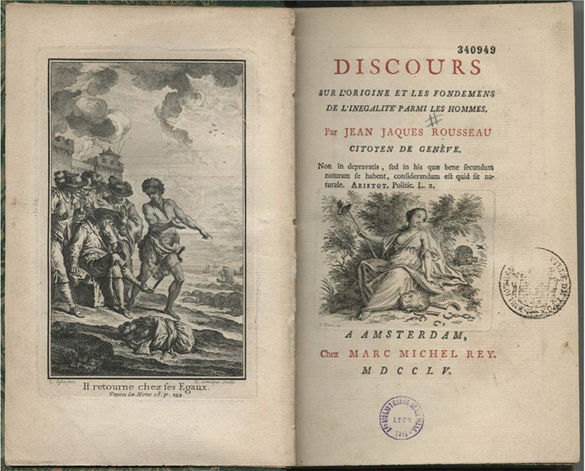 Page de garde de l'édition (Amsterdam, Marc Michel Rey, 1755) du « Discours sur l’origine et les fondemens de l’inégalité parmi les hommes » de Jean-Jacques Rousseau.