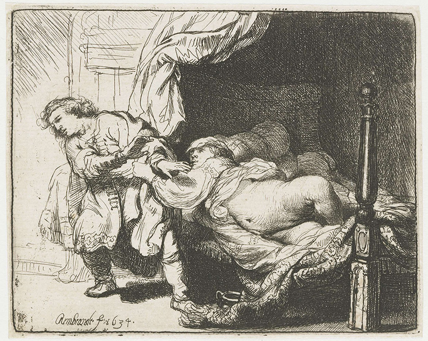 "Joseph et la femme de Putiphar", gravure à l’eau-forte, Rembrandt, 1634. Rijksmuseum, Amsterdam.