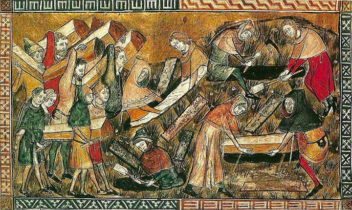 Peinture : Enterrement de victimes de la peste à Tournai. Miniature des « Chroniques et annales de Gilles le Muisit », abbé de Saint-Martin de Tournai, Bibliothèque royale de Belgique.