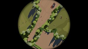Dessin en 3D de paturages et champs labourés vus de haut