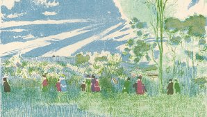 Lithographie de personnes dans un champ avec un ciel bleu
