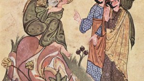 Peinture du XIIIe siècle représentant trois hommes en train de discuter