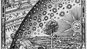 "Gravure sur bois de Flammarion" ou "gravure au pélerin" : un homme vêtu d'un vêtement long se tient à genoux sous un ciel hémisphérique où s'accrochent le Soleil, la Lune et les étoiles.