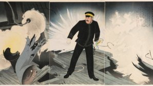 Estampe japonaise de style ukiyo-e montrant un officier naval debout sur un pont en feu, au milieu d’explosions, dans une scène héroïque de bataille