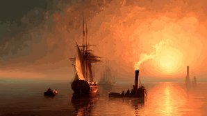 Image réalisée avec Midjourney d’après "The Fighting Temeraire tugged to her last berth to be broken up", J. M. W. Turner, 1838