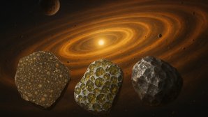 Trois types de météorites en avant-plan d’un système solaire avec étoile et disques protoplanétaires.
