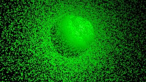 Effet lumineux vert fluo en forme de halo sur fond noir parsemé de points verts.