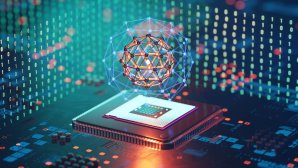 Schéma d’un processeur avec un réseau de connexions lumineuses en 3D, symbolisant l’intelligence artificielle.