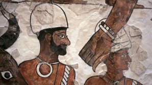 Détail de la peinture dite « L'ordonnateur du sacrifice » découverte dans le palais de Mari. Musée du Louvre (AO 19825)