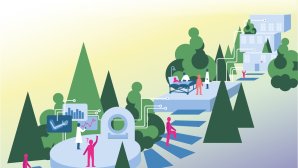 Illustration d’un parcours de soins médical avec hôpital, médecins et patients dans un environnement naturel.