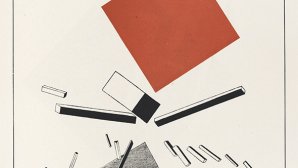 "Un seul coup et tout s’écroule", extrait du livre "Histoire des deux carrés : conte suprématiste en six figures",  El Lissitzky, 1922. Domaine public.