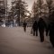 Groupe d'hommes marchant dans une forêt enneigée