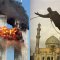Images des tours du Wall Trade Center le 11 septembre 2001 et de la chute de la statue de Saddam Hussein à Bagdad le 9 avril 2003