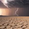 Desert expanse under a stormy sky with lightning