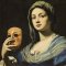 Peinture représentant une femme portant un masque dans sa main et droite et une grenade (fruit) dans sa main gauche