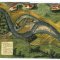 Carte historique illustrée d'une rivière sinueuse avec des bâtiments et des paysages environnants. Inclut des annotations manuscrites et des détails géographiques. Représentation artistique d'une région avec des éléments naturels et architecturaux.