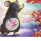 Illustration d’une souris noire enceinte avec un fœtus visible dans son ventre, levant une patte vers un nuage coloré de formes évoquant des bactéries