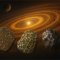 Trois types de météorites en avant-plan d’un système solaire avec étoile et disques protoplanétaires.