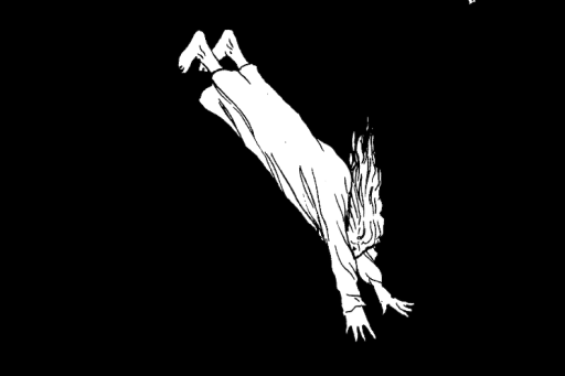 Black and white drawing of a character falling out of bed