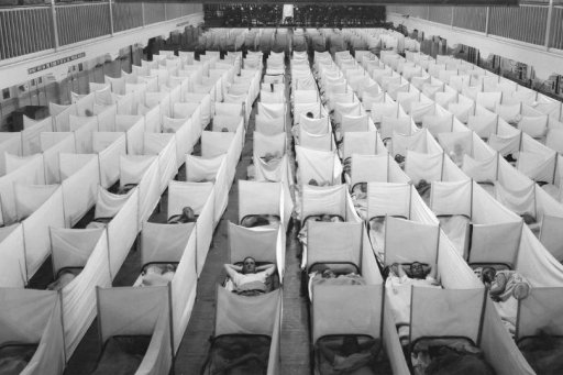 Anti-sneezing screens in a San Francisco barracks during the Spanish flu epidemic of 1918