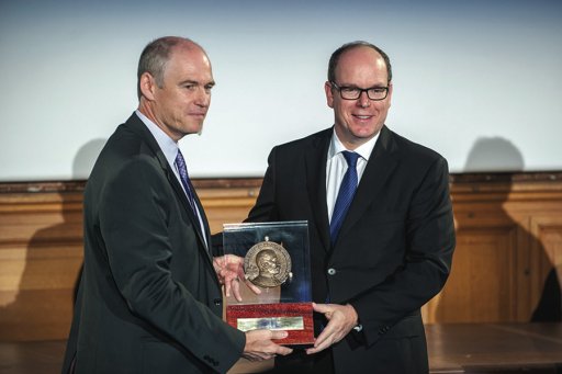 H.S.H. Prince Albert II of Monaco presenting the Grand Medal Albert I section Sience to Edouard Bard 