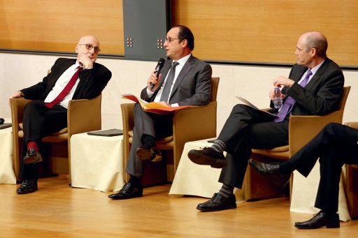 French President François Hollande, Collège de France Administrator Alain Prochiantz and Professor Édouard Bard