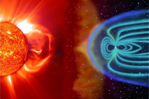 Le Soleil et la magnétosphère terrestre (montage artistique de la NASA)
