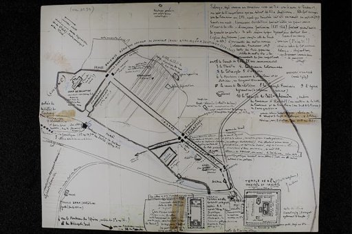 Plan de Palmyre avec texte explicatif, « Le plan-memento me servait à faire visiter les ruines de Palmyre quand j’étais curé de Palmyre ». [Vers 1939]. Archives du Collège de France, Fonds Starcky, Jean, 87 CDF 17/22