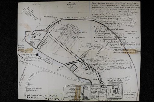 Plan of Palmyra with explanatory text, "The plan-memento was used to show visitors the ruins of Palmyra when I was parish priest of Palmyra". [Circa 1939]. Archives du Collège de France, Fonds Starcky, Jean, 87 CDF 17/22