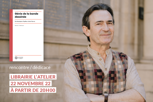 Visuel de présentation de la rencontre organisée par la librairie "LAtelier" avec Benoît Peeters