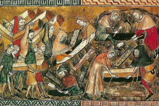 Burial of plague victims in Tournai. Miniature from "Chroniques et annales de Gilles le Muisit", abbot of Saint-Martin de Tournai, Royal Library of Belgium