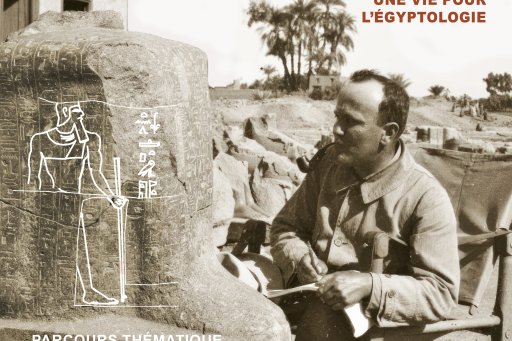 Poster showing Étienne Drioton sitting on a chair during an archaeological expedition