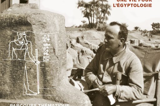 Affiche montrant Étienne Drioton assis sur une chaise lors d'une expédition archéologique