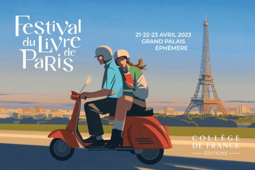 Affiche du Festival du livre 2023 représentant un couple en scooter, la passagère lisant un livre, avec en arrière-plan la tour Eiffel sous le soleil couchant