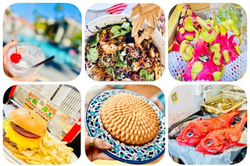 Mosaic image with photos of food (dishes, desserts, fruit...)
