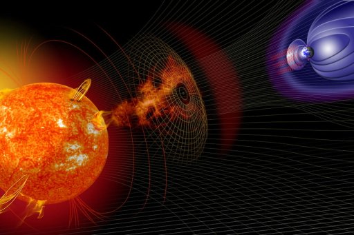 Vue d'artiste représentant l'influence d’une éruption solaire sur la Terre — © NASA