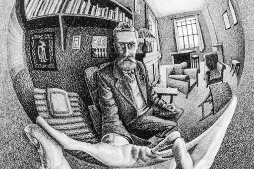 Reflection of a man in a spherical mirror held in his hand