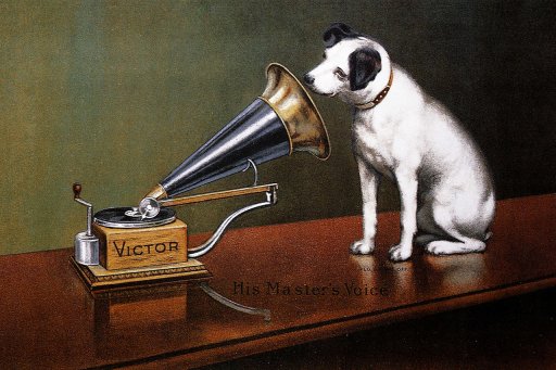 Représentation de la réclame pour les phonographes Victor et la publicité de Pathé “La Voix de son Maître”
