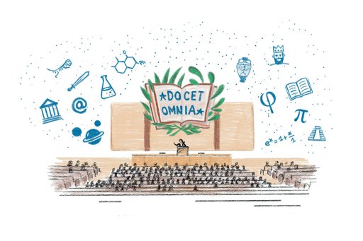 Illustration d’un amphithéâtre avec un livre ouvert portant l’inscription 'DOCET OMNIA' et des symboles scientifiques et culturels.