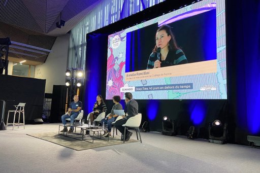 Round-table discussion with Armelle Rancillac and Christian Clot, about the Deep-Time project, at the "Sur les Épaules des Géants" festival in Le Havre.