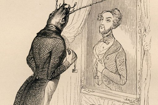 Dessin d'un insecte habillé en costume regardant son reflet humain dans un miroir