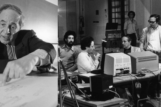 Pierre Boulez with Didier Arditti, Andrew Gerzso and Giuseppe di Giugno working with the electroacoustic device for Répons à l'Espace de projection (1980)